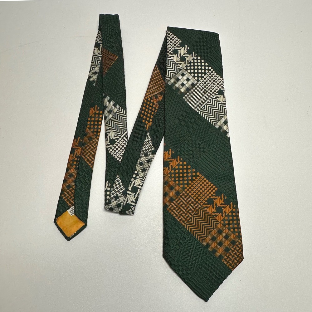 Vintage 70s Wide Tie Damon Green Gold Geometric Patchwork‎ Polyester Retro